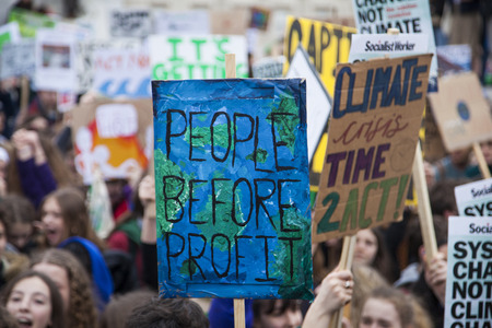 LONDON, UK - March 15, 2019:Thousands of students and young people protest in London as part of the...