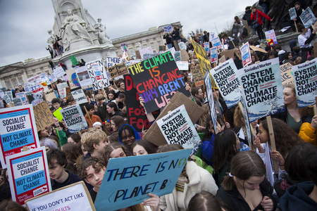 LONDON, UK - March 15, 2019:Thousands of students and young people protest in London as part of the...