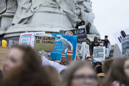 LONDON, UK - March 15, 2019:Thousands of students and young people protest in London as part of the youth strike for climate marchのeditorial素材