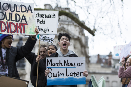 LONDON, UK - March 15, 2019:Thousands of students and young people protest in London as part of the...