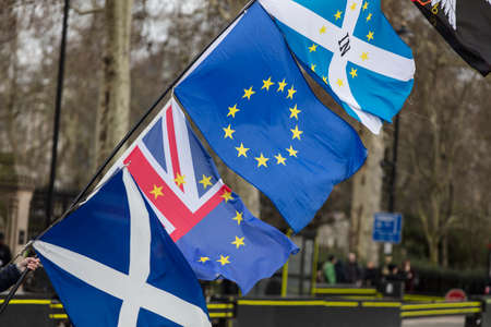 Brexit. Europe and Great Britain flags flying