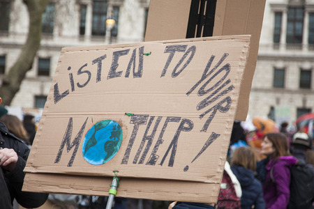 LONDON, UK - March 15, 2019:Thousands of students and young people protest in London as part of the...