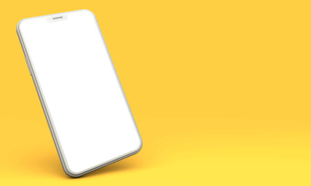 Smartphone mockup with blank white screen on a yellow background. 3D Renderの写真素材