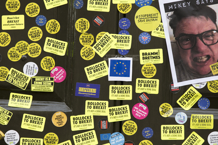 LONDON, UK - March 23, 2019: The Government Cabinet Office covered in Anti Brexit stickers at the Anti Brexit peoples vote marchのeditorial素材