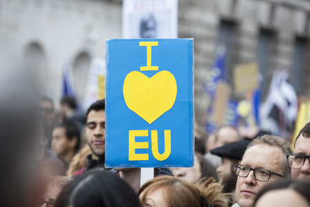 LONDON, UK - March 23rd 2019:  Anti Brexit supporters on a Peoples vote political march in Londonのeditorial素材