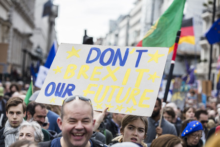 LONDON, UK - March 23rd 2019:  Anti Brexit supporters on a Peoples vote political march in London
