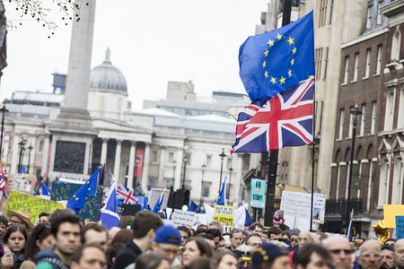 LONDON, UK - March 23rd 2019: Crowds of anti brexit supporters on a Peoples vote political march in Londonのeditorial素材