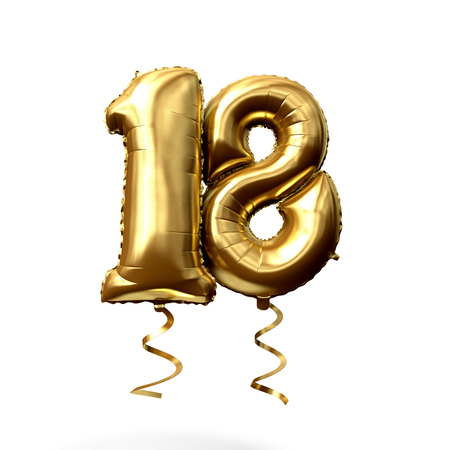 Number 18 gold foil helium balloon isolated on a white background. 3D Renderの写真素材