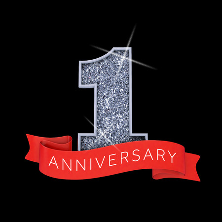 Number 1 silver sparkling anniversay celebration banner. 3D Renderの写真素材