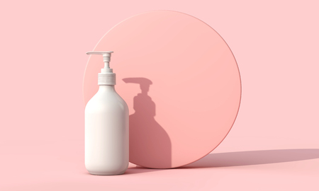 Blank white cosmetic skincare makeup bottle on pastel pink background. 3D Renderの写真素材