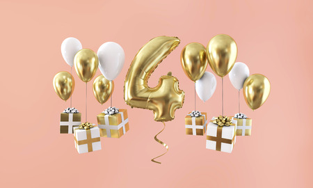 Number 4 birthday celebration gold balloon with presents. 3D Renderの写真素材