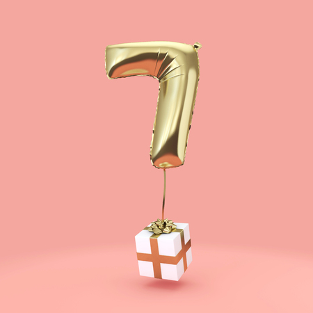 Number 7 birthday celebration gold foil helium balloon with presents. 3D Renderの写真素材