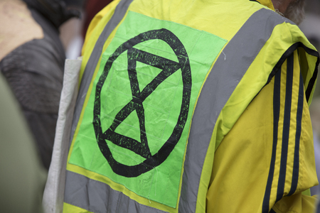 Members of the Extinction Rebellion protest in parliment square, Londonのeditorial素材