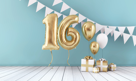 Happy 16th birthday party celebration balloon, bunting and gift box. 3D Renderの写真素材