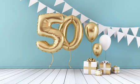 Happy 50th birthday party celebration balloon, bunting and gift box. 3D Renderの写真素材