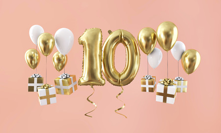 Number 10 birthday celebration gold balloon with presents. 3D Renderの写真素材