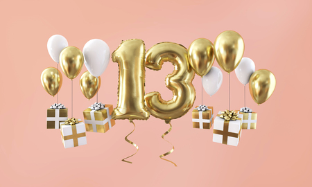 Number 13 birthday celebration gold balloon with presents. 3D Renderの写真素材