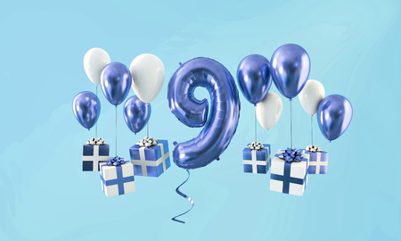 Number 9 birthday celebration gold balloon with presents. 3D Renderの写真素材