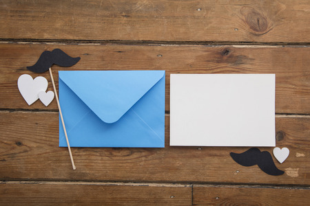 Fathers day blank card and envelope with mustache and love heartsの写真素材