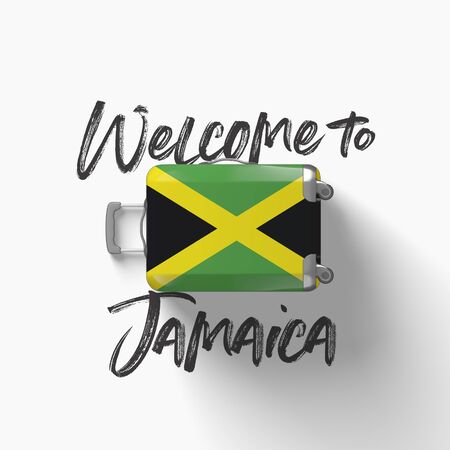 Welcome to Jamaica. national flag on a travel suitcase. 3D Renderの写真素材