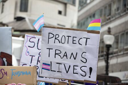 A person holding a sign reading protect trans lives bannerの写真素材