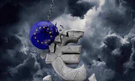 EU flag ball smashing a European Euro currency symbol. 3D Renderの写真素材
