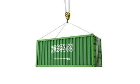 Saudi Arabia flag cargo trade container hanging from a crane. 3D Renderの写真素材