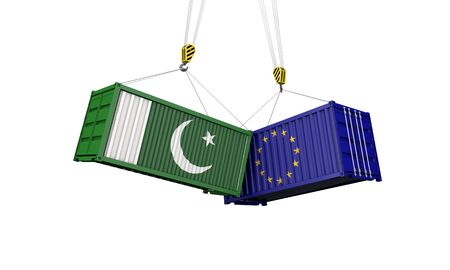 Pakistan and europe trade war concept. Clashing cargo containers. 3D Renderの写真素材