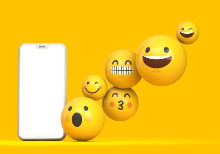 Smartphone mockup with blank screen and fun emoji character. 3D Renderの写真素材