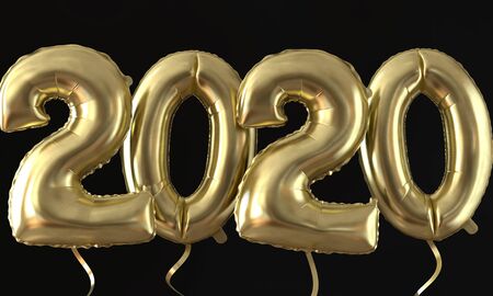 Happy new year 2020 gold foil balloon celebration background. 3D Rendering