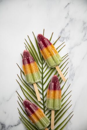 Summer fruit ice lollies on a tropical palm leafの写真素材