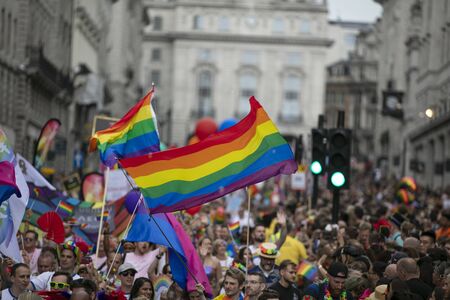 LONDON, UK - July 6th 2019: Large crowds of people attend the annual LGBTQ gay pride march n London