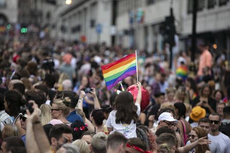 LONDON, UK - July 6th 2019: Large crowds of people attend the annual LGBTQ gay pride march n London