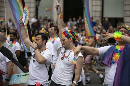 LONDON, UK - July 6th 2019: Crowds of people take part in the annual LGBTQ gay pride march n London