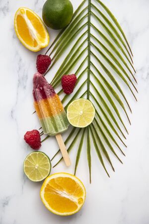 Summer ice lollies with fruit and a tropical palm leafの写真素材