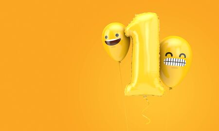 Number 1 birthday ballloon with emoji faces balloons. 3D Renderの写真素材