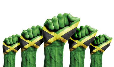A raised fist of a protesters painted with the Jamaica flagの写真素材