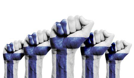 A raised fist of a protesters painted with the Finland flagの写真素材