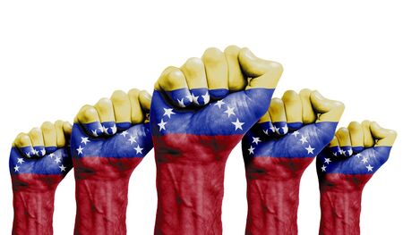 A raised fist of a protesters painted with the Venezuela flagの写真素材