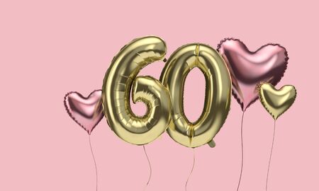 Happy 60th birthday party celebration balloons with hearts. 3D Renderの写真素材