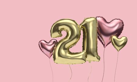 Happy 21st birthday party celebration balloons with hearts. 3D Renderの写真素材