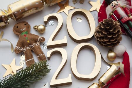 Happy new year 2020 flat lay festive background compositionの写真素材