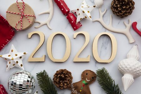Happy new year 2020 flat lay festive background compositionの写真素材