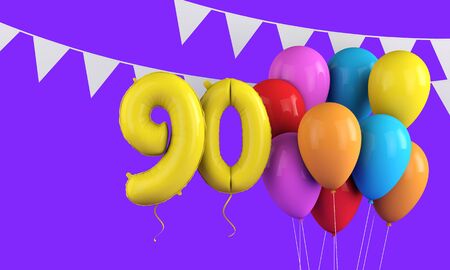Happy 90th birthday colorful party balloons and bunting. 3D Renderの写真素材