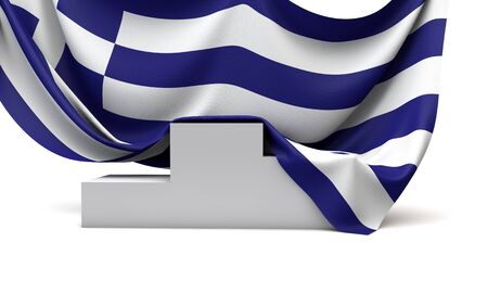 Greece flag draped over a competition winners podium. 3D Renderの写真素材