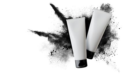 White cosmetics tube mock up with exploding powder background. 3D Renderingの写真素材