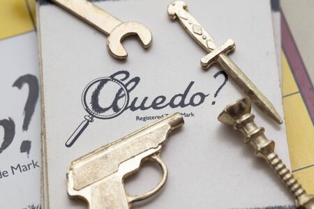 LONDON, UK - January 28th 2020: Cluedo murder mystery boardgame pieces made by waddingtons