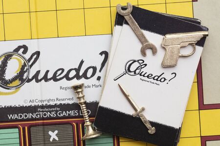 LONDON, UK - January 28th 2020: Cluedo murder mystery boardgame pieces made by waddingtons