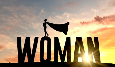Silhouette of superhero woman stood on the word woman. 3D Renderingの写真素材