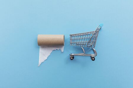 Shopping cart with an empty toilet roll on a blue backgroundの写真素材